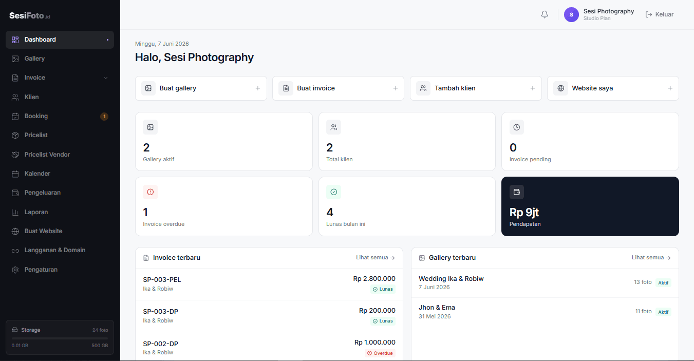 Dashboard SesiFoto — kelola gallery, invoice, dan klien dalam satu platform